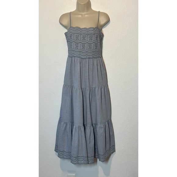 American Eagle Outfitters Dresses & Skirts - Blue Pinstripe Eyelet Tiered Midi Dress Smocked Back Pockets S Boho Cottagecore